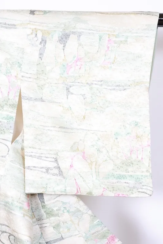 Komon (Japan used kimono fabric) - Off-white, gray, blue, green, wine - Geometric pattern - Batik dyeing - R165