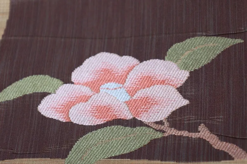 Nagoya Obi – Brand New, Untailored – Mustard, Brown, Green – Camellia (A410)
