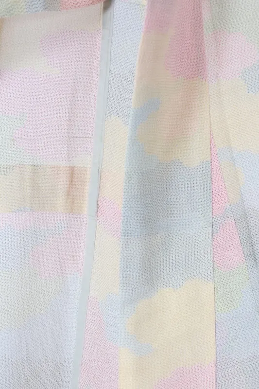 Japan used kimono Summer Tsumugi silk fabric, light blue, red, green, light yellow, cloud pattern, L55