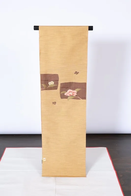 Nagoya Obi – Brand New, Untailored – Mustard, Brown, Green – Camellia (A410)