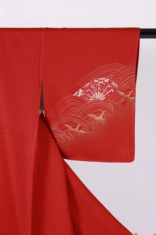 Japan used Kimono – Red, Gold, Cherry Blossom Pink, Wine – Cranes, Waves, Cart – Embroidery – Kyo-Yuzen – B1048