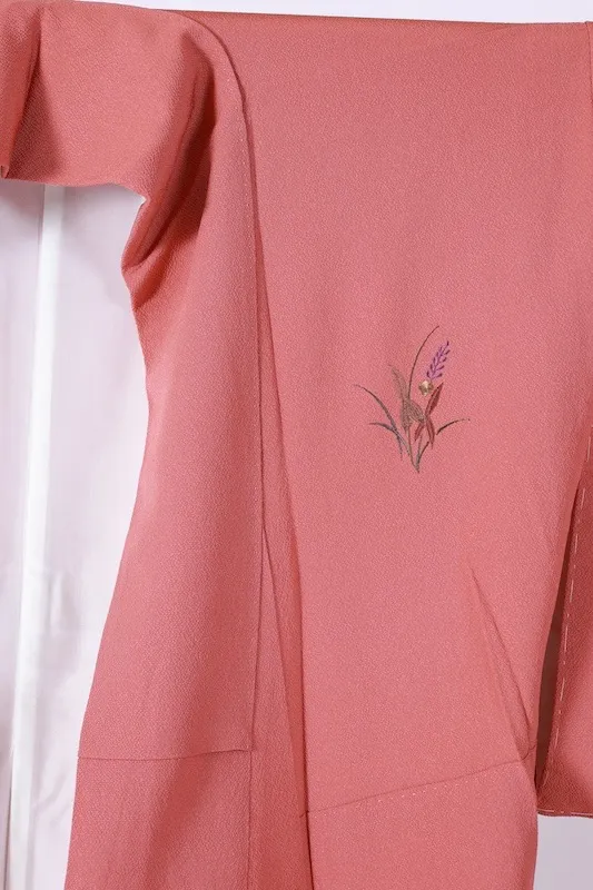 Tsukesage Kimono – Brand New & Unused – Salmon Pink, Green, Purple, Gray – Floral Design – Hand-Embroidered – B1409