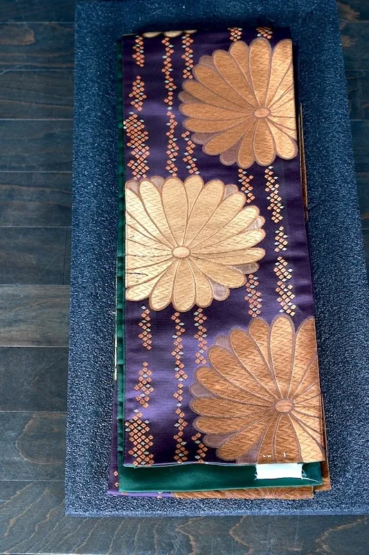 Half-width(Pre-loved sash)– Chrysanthemums (Purple, Brown, Green, Gold) – A188