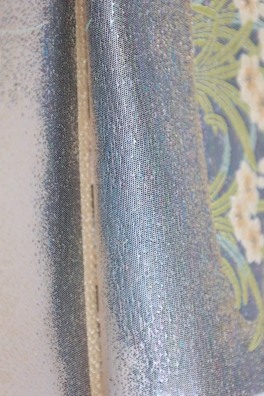 Fukuroobi shinpin mi shitate gōrudo shirubā midori murasaki sango-iro shiro Miyajima fūkei L 7 37 New, unstitched fukuro obi used ( sash). Gold, silver, green, purple, coral, white. Miyajima landscape design. L7