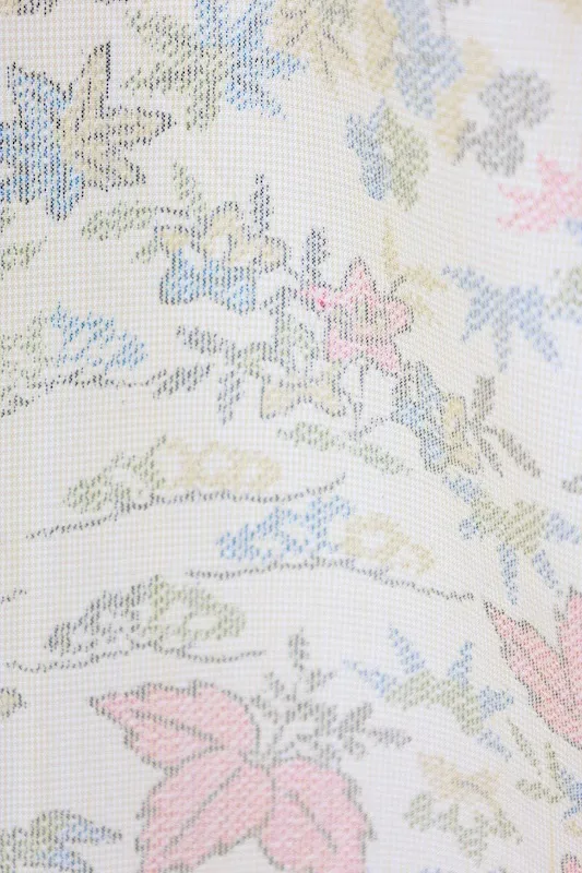 Japan Pre-loved kimono; unbleached white, red, green, and yellow; small floral pattern; A093