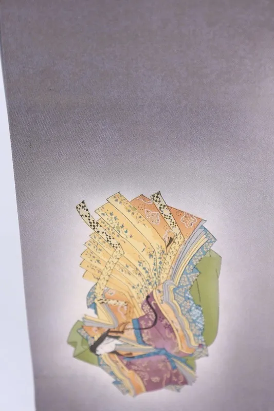Fukuro obi used(formal sash) - Gray, Gold, Indigo, Green, Purple, Ochre, Silver - Tarumoto Isezo - Kasen (poet), Flute, Seigaiha (wave pattern), Flower - Kyo-Yuzen (Kyoto-style dyeing) - L9