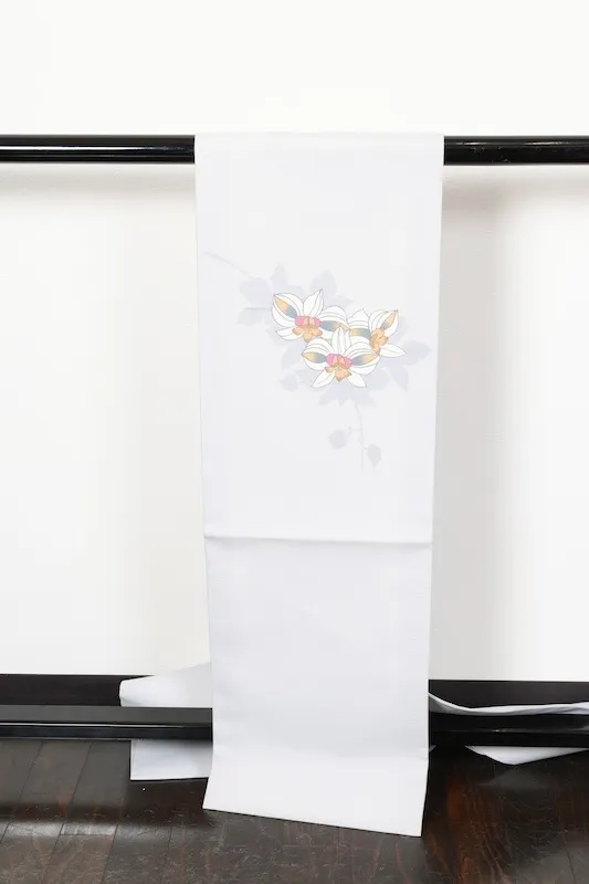 Summer Nagoya obi (used sash), ro silk, gray, white, brown, blue-gray, floral pattern, R40