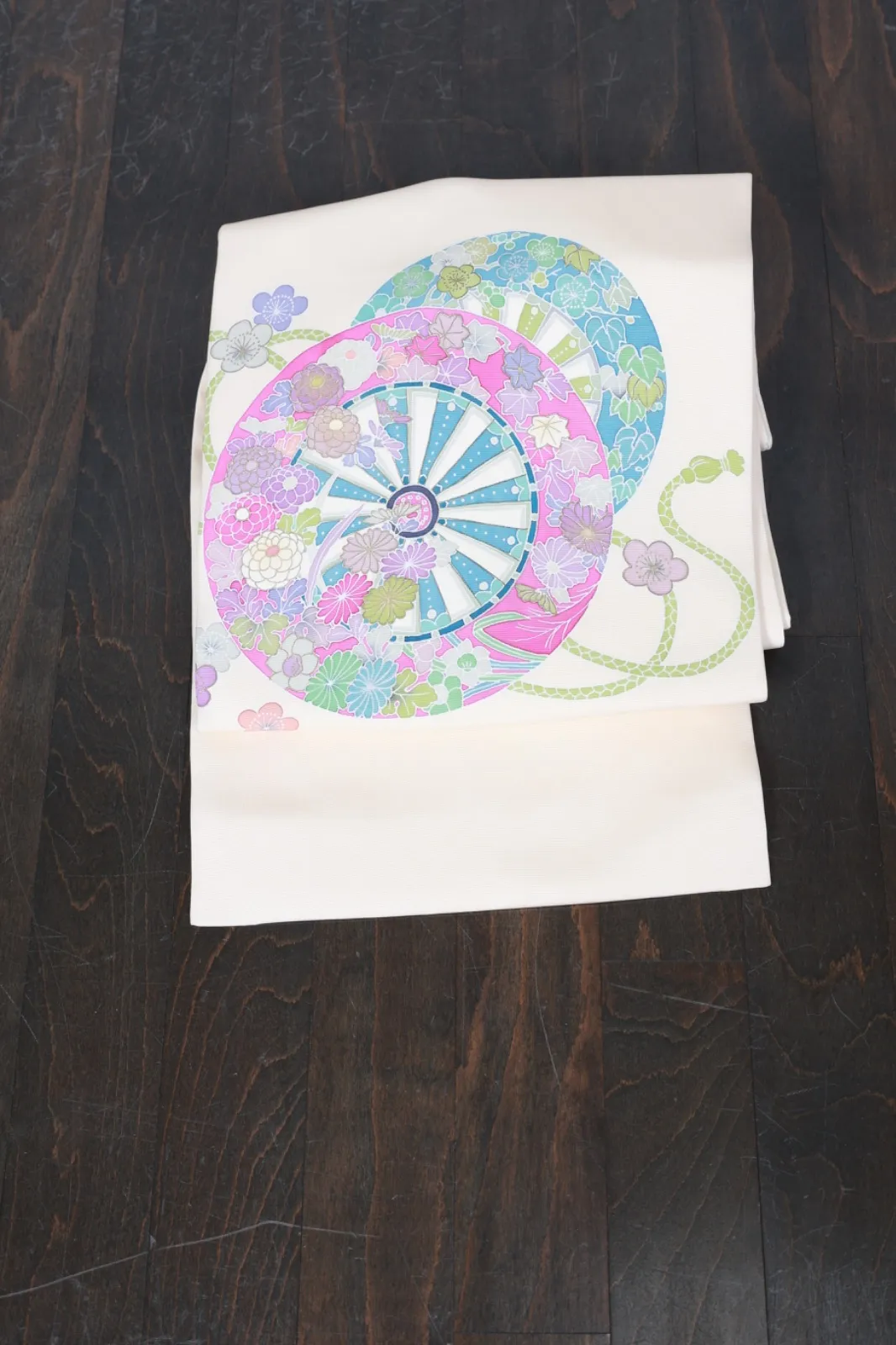 Nagoya Obi(used sash) – Shioze silk – Off-white, pink, blue, gold, silver Hand-painted – R108