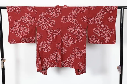 Japan used Haori Jacket – Dark Crimson with White Chrysanthemums and AllT192