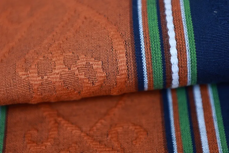 Nagoya obi used(sash), Tsumugi silk, off-white, indigo, shades of brown, green, white, floral pattern, stripes, L3