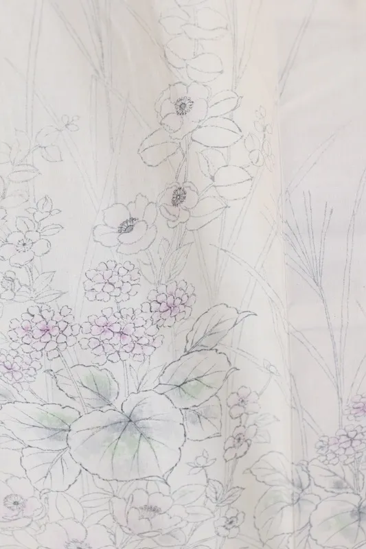 Silk pongee visiting kimono used, off-white, ink, light purple, light green, floral pattern, hand-painted, B1394