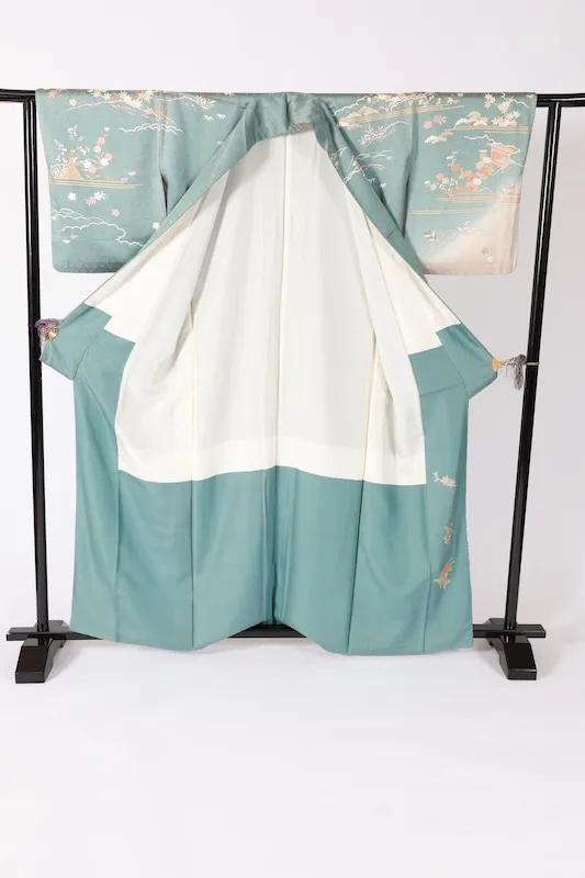 Formal used kimono (Houmongi) - Blue-gray, gold, coral red, purple, white, green, mandarin ducks, flowers, auspicious motifs, waves, Kyo-Yuzen dyeing, B1378