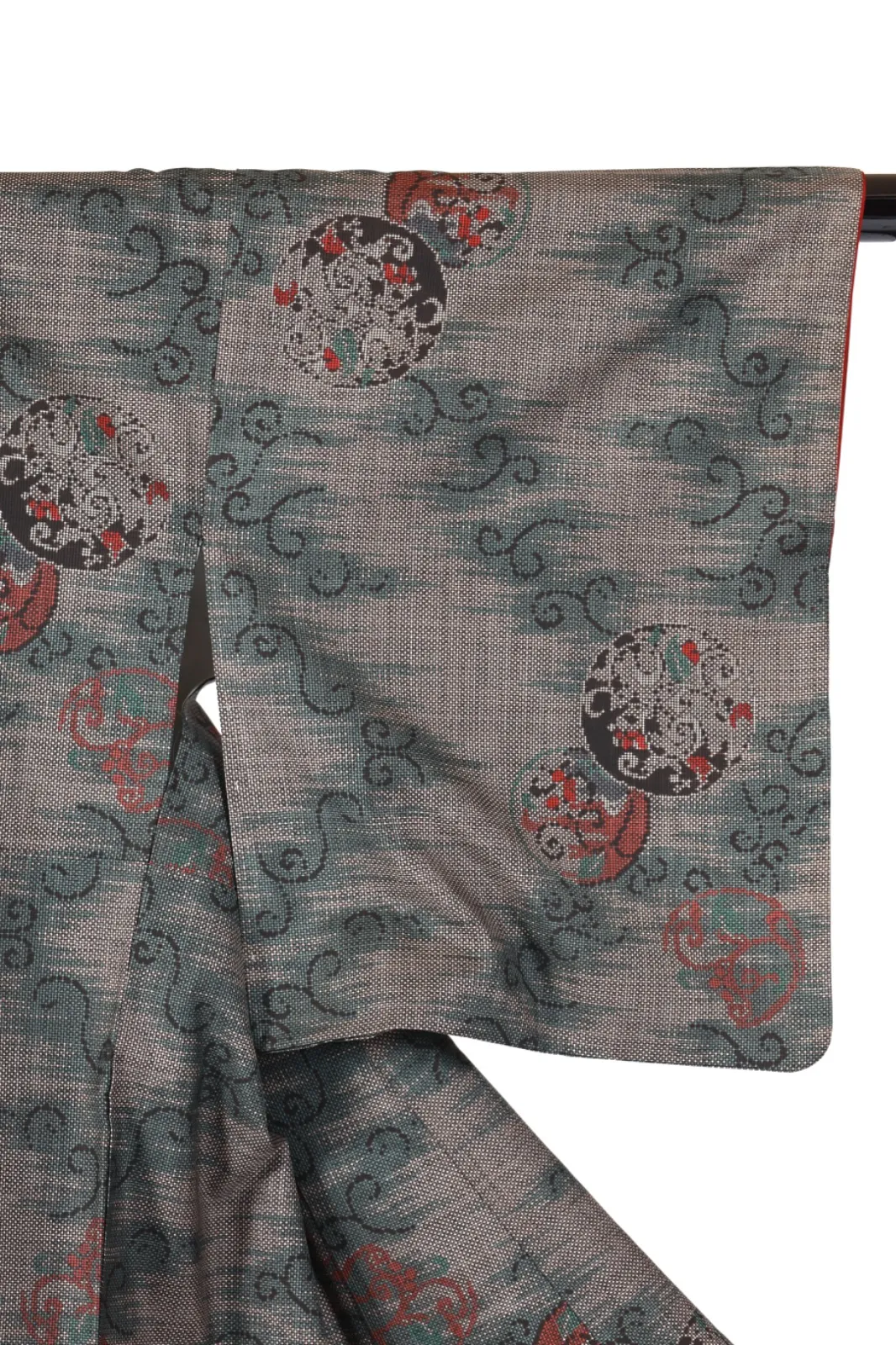 Authentic Oshima Tsumugi(Japan used kimono) – Black, Brown, Indigo, Red – Wave & Geometric Patterns – 5-Maruki K309