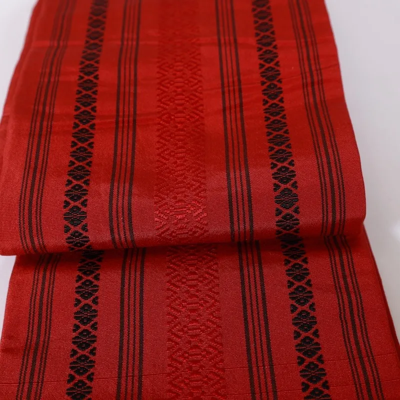 Yukata Half-Width Obi(used sash) – Hakata Weave, Kenjo Pattern (Red & Black) – K344
