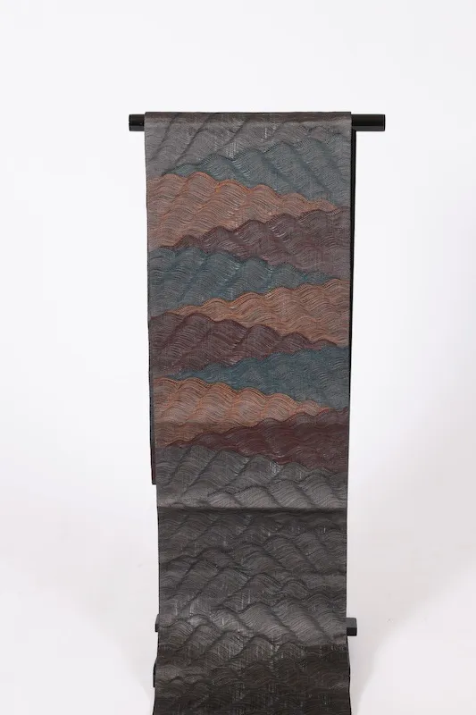 Fukuro obi used (sash) - Gray, Brown, Blue, Mustard - Wave pattern - Handwoven - Ripples - L8