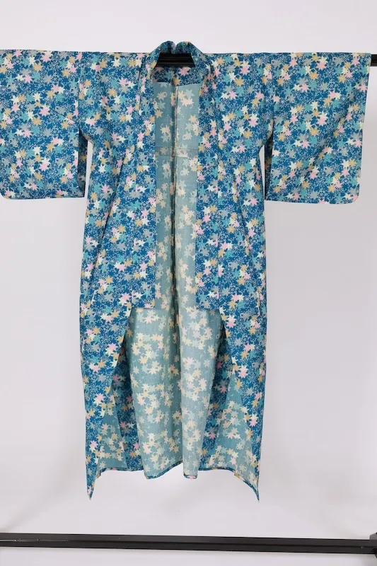 Japan used kimono Komon  - Light blue, pink, beige, autumn leaves pattern - G98