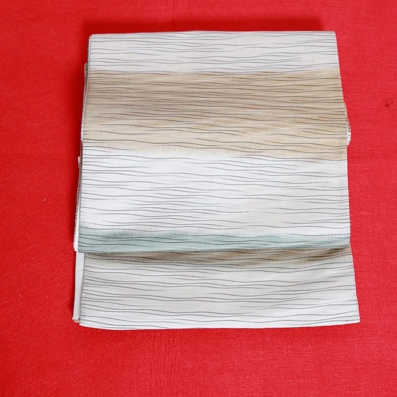 Fukuro Ob(used sash)i: Waves; beige, mustard, green, and black; striped lining.G
