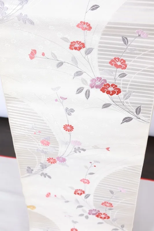 Nagoya Obi fabric – Brand New, Unfinished (Unsewn) – White, Silver, Gray, Purple, Pink, Red – A411