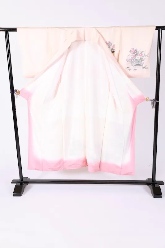 Visiting kimono used, cherry blossom pink, gray, gold, coral red, purple, indigo, green, Kyo-Yuzen dyeing, B1406