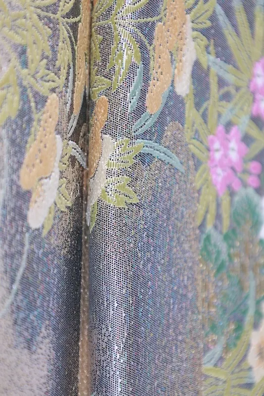 Fukuroobi shinpin mi shitate gōrudo shirubā midori murasaki sango-iro shiro Miyajima fūkei L 7 37 New, unstitched fukuro obi used ( sash). Gold, silver, green, purple, coral, white. Miyajima landscape design. L7