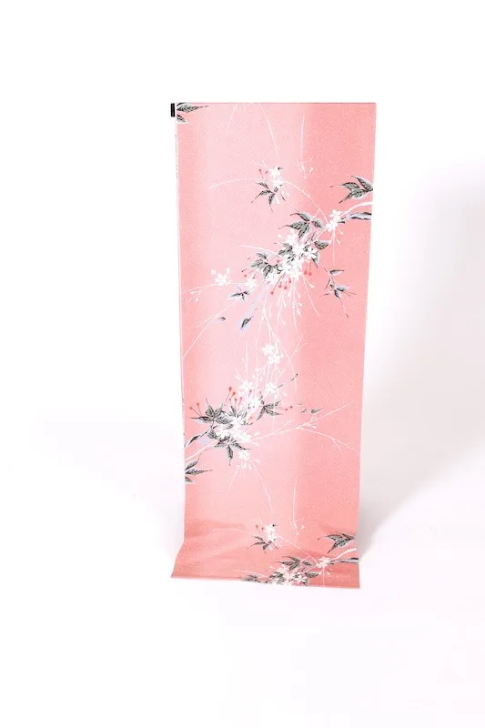 New, unstitched Komon fabric roll. Pink, white, gray, cherry blossom pattern. J31
