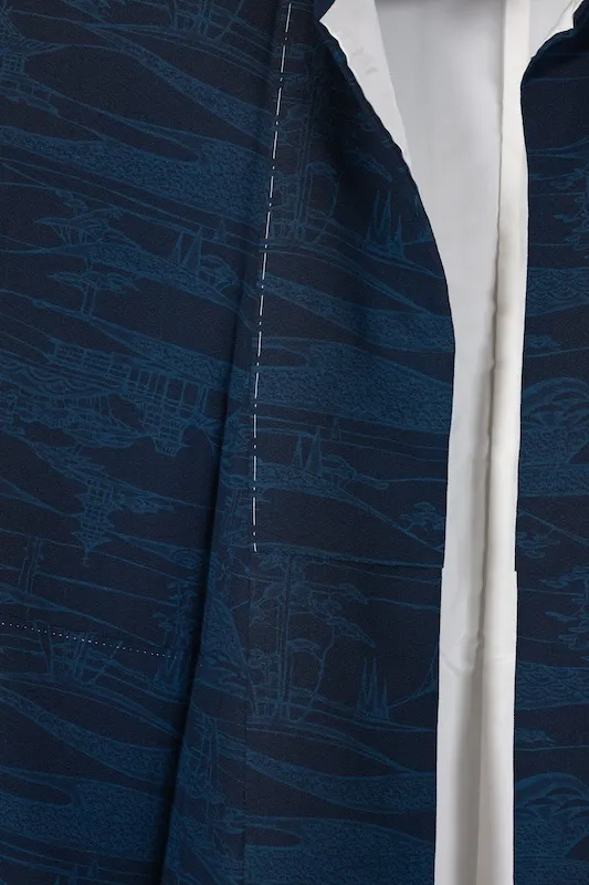 Komono (kimono), brand new, unused, genuine indigo dye, varying shades of indigo, original landscape design, B1473
