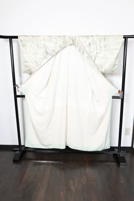 Komon (Japan used kimono fabric) - Off-white, gray, blue, green, wine - Geometric pattern - Batik dyeing - R165