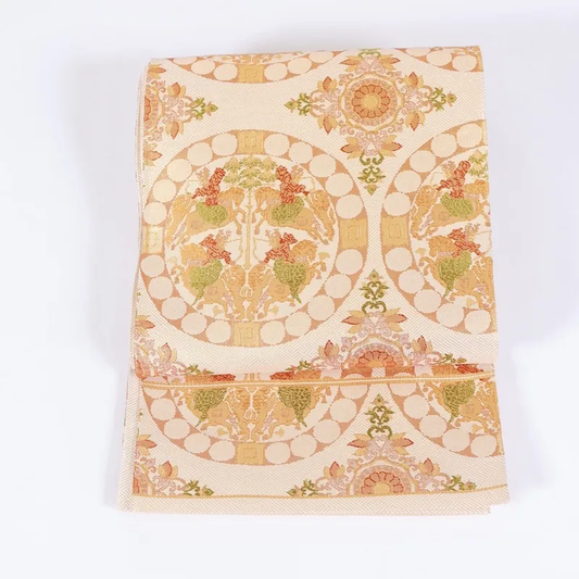 used Fukuro obi (formal sash) - Gold, Green, Brown - Hunting pattern - Tang flower pattern - G46