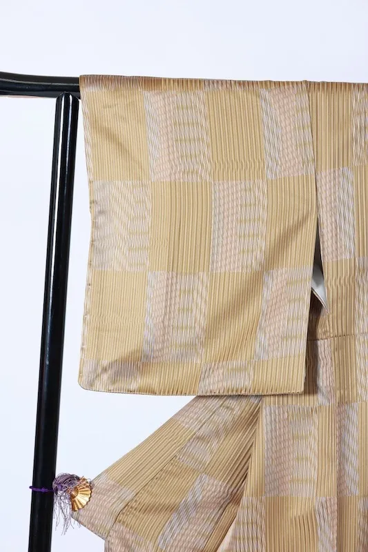 Komon (Japan kimono), brand new, unused. Mustard, blue, and gray stripes and checkered pattern. Printed Yuzen dyeing technique. B1379