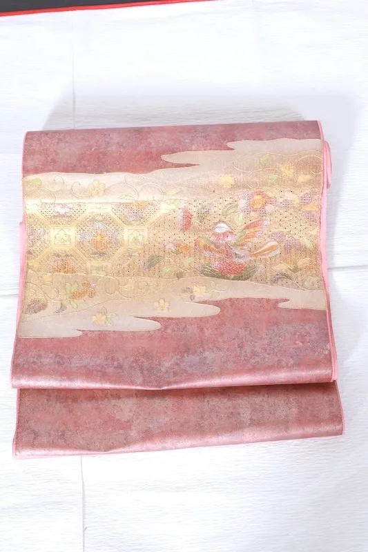 Nagoya Obi – Brand New, Unfinished (Unsewn) – Pink, Gold, Green, Purple – Swatow Embroidery – A414
