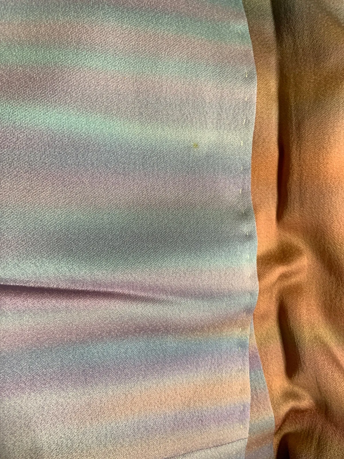 Visiting kimono used, blue, purple, red, orange, brown, hand-painted, irregular horizontal stripes, by Saito Sansai, B1424
