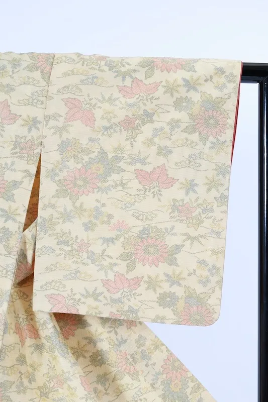 Japan Pre-loved kimono; unbleached white, red, green, and yellow; small floral pattern; A093