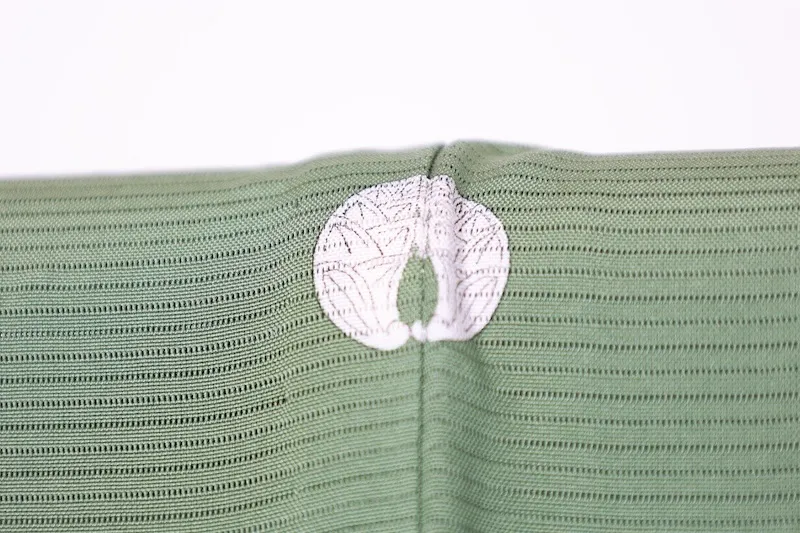 Summe used kimono, ro weave, mugwort green, single crest, Dakimiyoga, R21