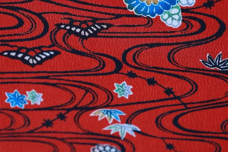Komon fabric , Toray Silk, brand new, unstitched, red, black, green, purple, shades of indigo, floral pattern, wave pattern, J32