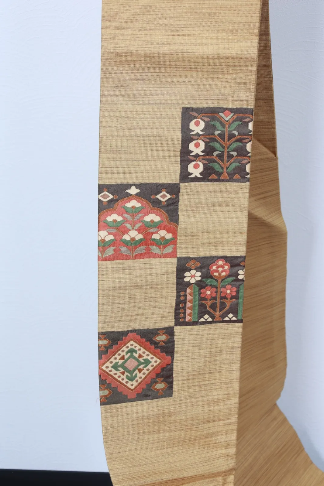Nagoya Obi(used sash) – Mustard, Brick Red, Green, Brown R109