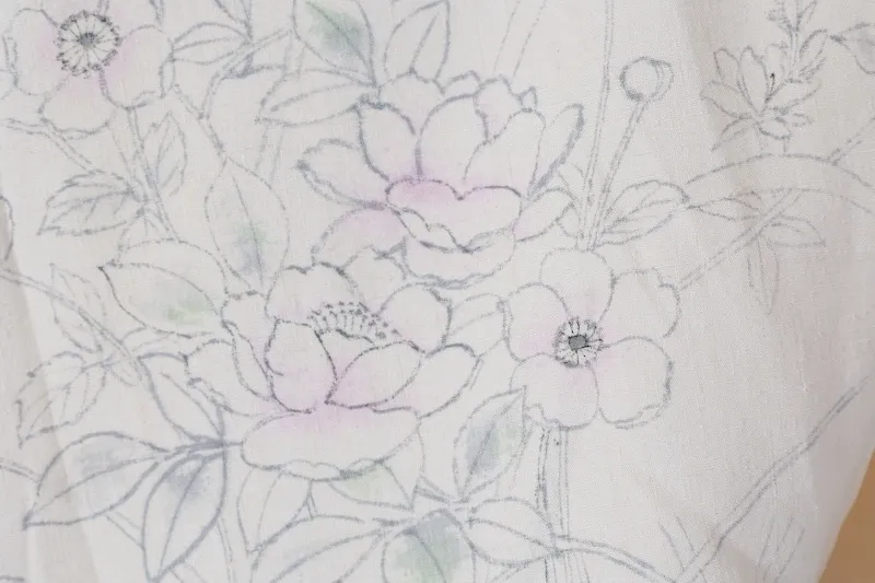 Silk pongee visiting kimono used, off-white, ink, light purple, light green, floral pattern, hand-painted, B1394