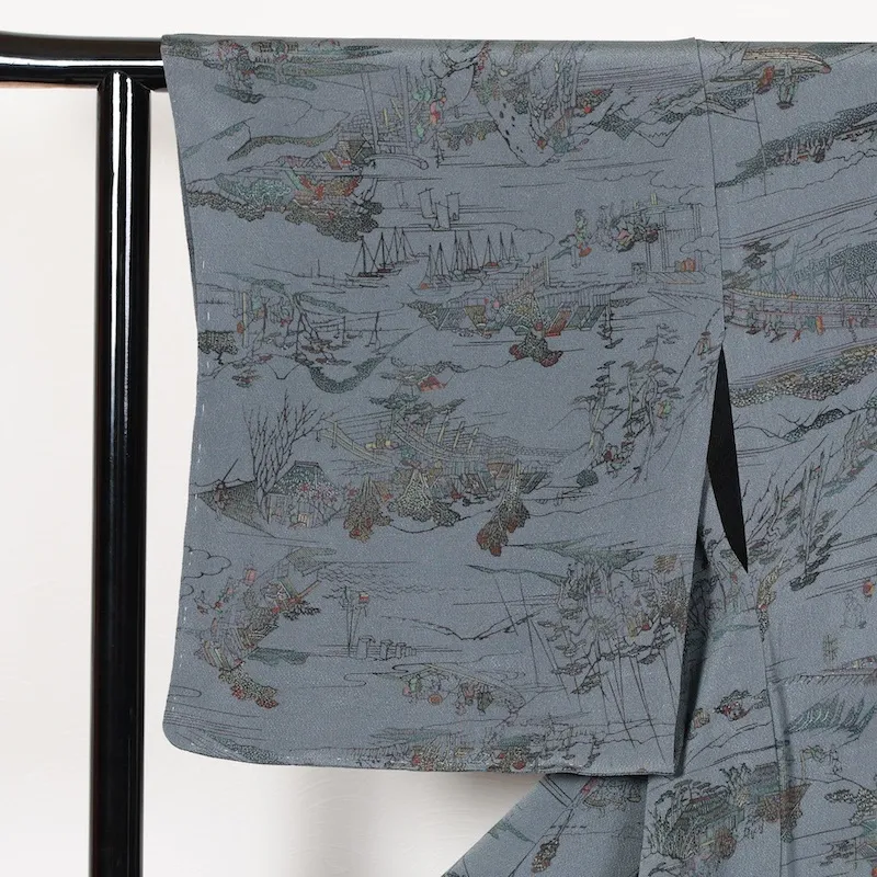 used Edo Komon (a type of traditional Japanese patterned fabric), gray, landscape design, T52