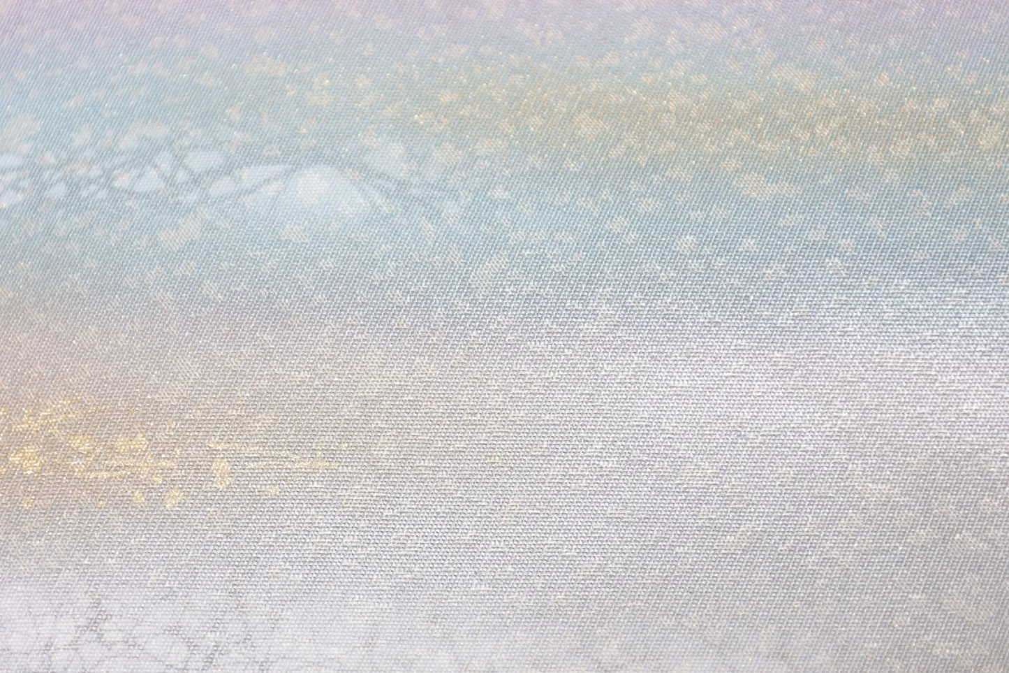 Nagoya Obi(used sash) – Blue, shades of purple, gray, silver, and gold; *hikihaku* (gold/silver leaf strip) technique – R124