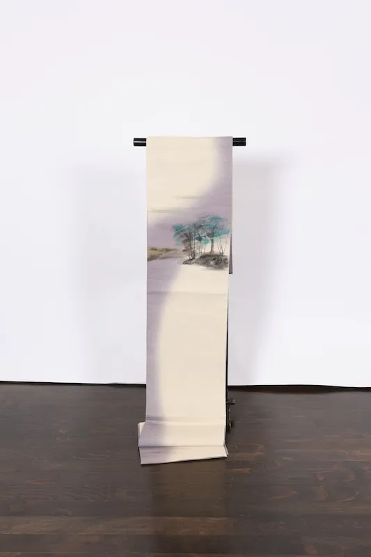 Fukuro Obi(used sash),  silk; off-white, pale purple, blue, sumi-ink black, gold, and green; hand-painted landscape design (B998)