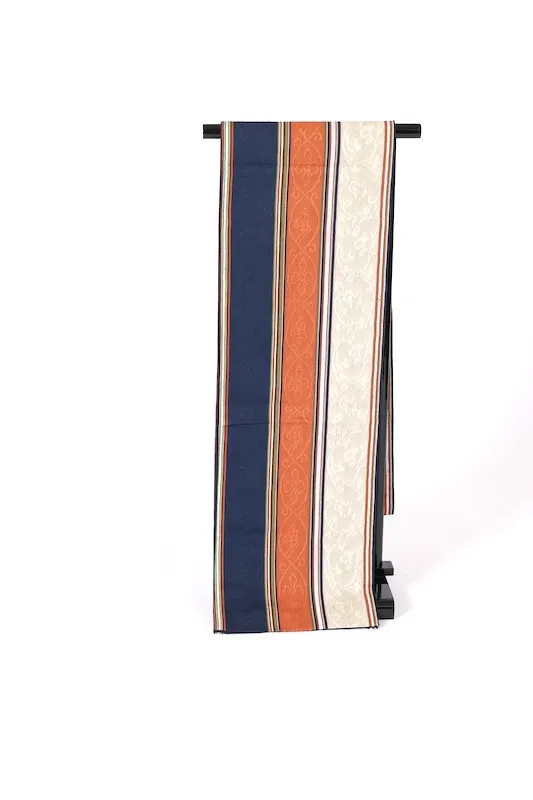 Nagoya obi used(sash), Tsumugi silk, off-white, indigo, shades of brown, green, white, floral pattern, stripes, L3