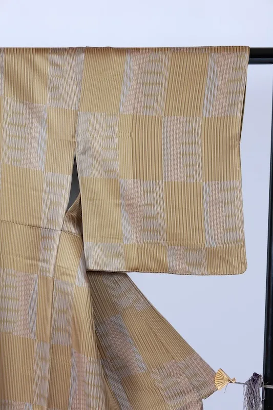 Komon (Japan kimono), brand new, unused. Mustard, blue, and gray stripes and checkered pattern. Printed Yuzen dyeing technique. B1379