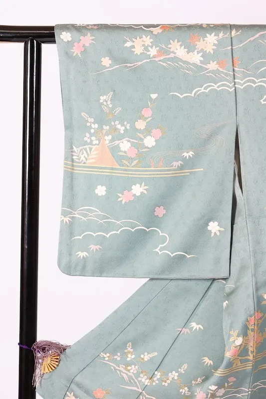 Formal used kimono (Houmongi) - Blue-gray, gold, coral red, purple, white, green, mandarin ducks, flowers, auspicious motifs, waves, Kyo-Yuzen dyeing, B1378