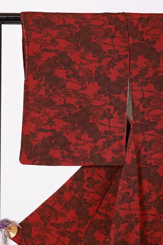 Edo Komon (traditional Japanese kimono fabric), brand new, unused, wine and black, stencil dyed Yuzen, B1416