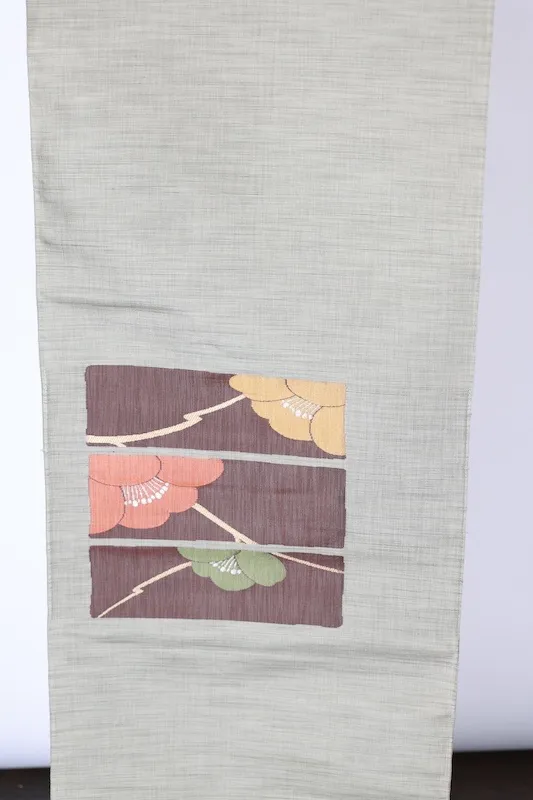 Nagoya Obi – Brand New, Untailored – Camellia Motif – Gray, Green, Brown, Red – A412