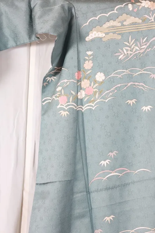 Formal used kimono (Houmongi) - Blue-gray, gold, coral red, purple, white, green, mandarin ducks, flowers, auspicious motifs, waves, Kyo-Yuzen dyeing, B1378