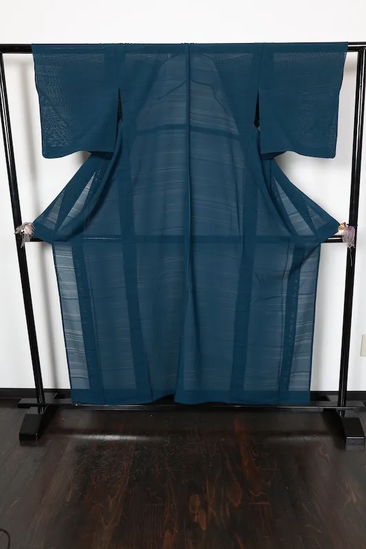 Summer  Komon (used Kimono) – *Ro* Weave – Iron Navy – Horizontal Stripe Pattern – R36