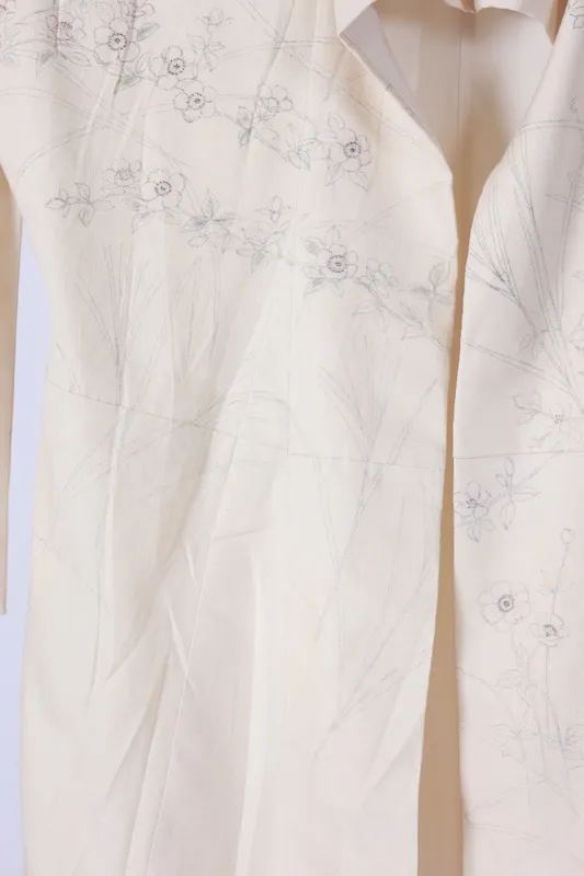 Silk pongee visiting kimono used, off-white, ink, light purple, light green, floral pattern, hand-painted, B1394