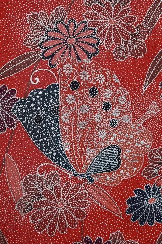 Furisode (long-sleeved kimono used) - Red, Gold, Purple, Brown - Brocade fabric - Butterfly and flower pattern A038