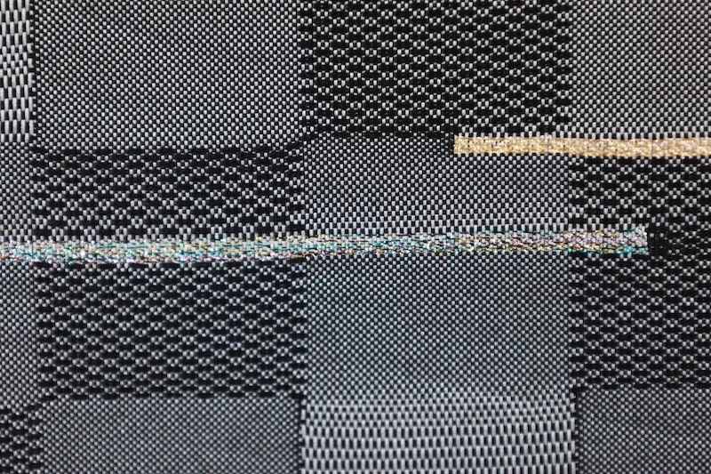 Fukuro Obi　used (sash), Kayou Textile, shades of gray, gold, silver, shades of yellow, checkered pattern, horizontal stripes, handwoven, L28