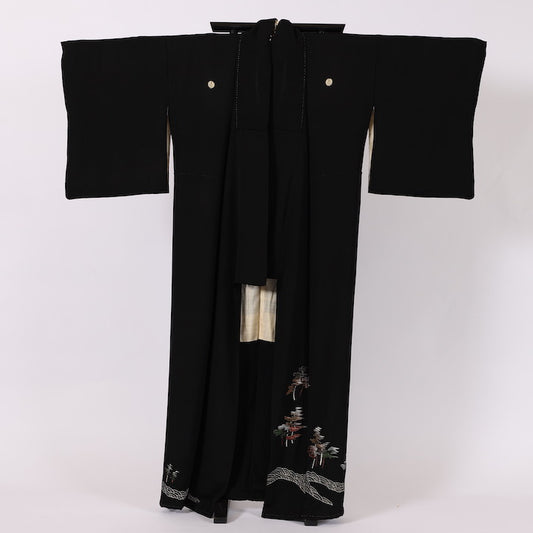 Antique Japanese kimono  (Kurotomesode) S-size 100% silk  / 383